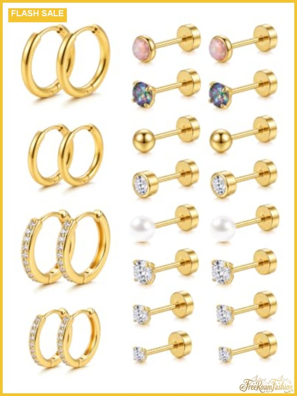 18K Gold Plated Earring Stack Set, Surgical Steel, Hypoallergenic, Nickel-Free,